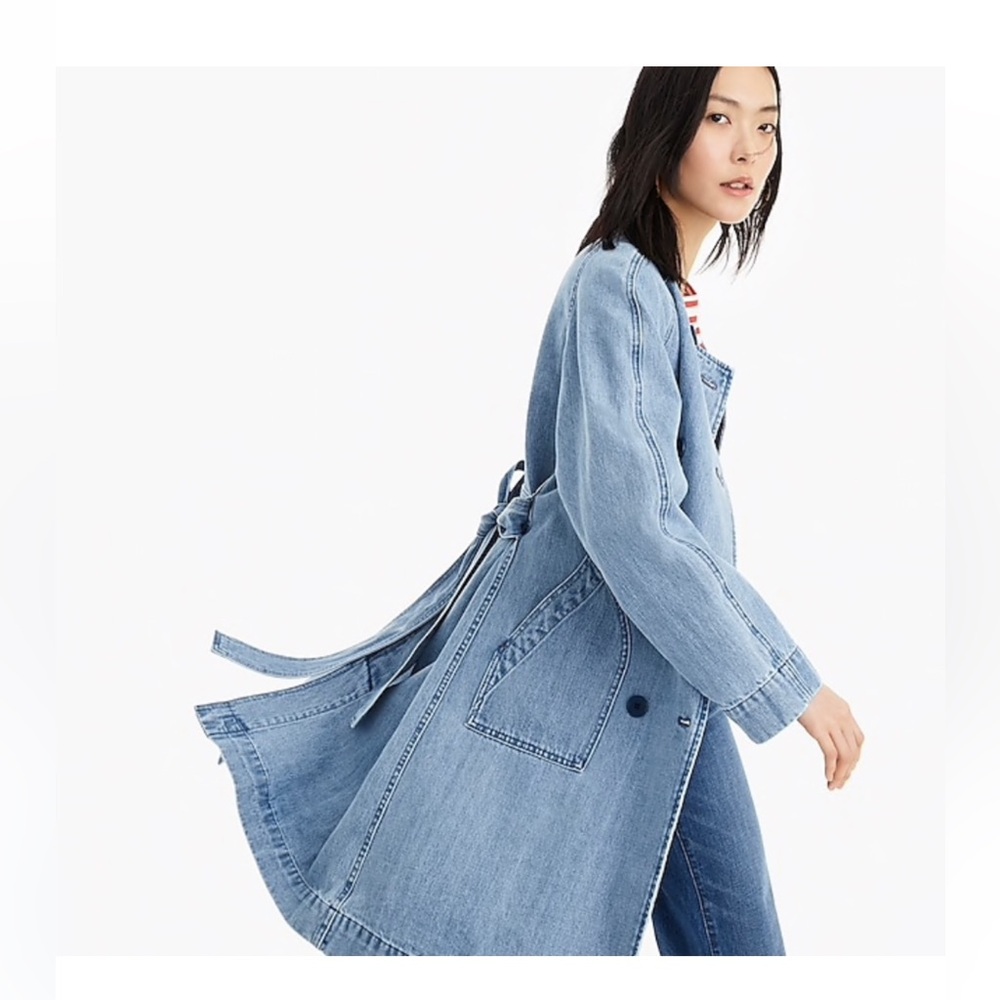 J. Crew Denim Trench Coat Double Breasted Collar Light Denim Woman's Large - Picture 4 of 15